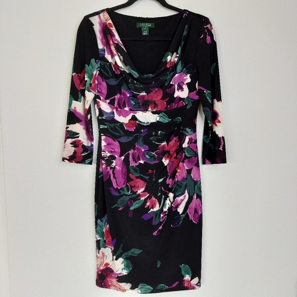 Lauren Ralph Lauren Floral Drape Neck Fitted Jersey Dress Size 8 Petite - Picture 2 of 11
